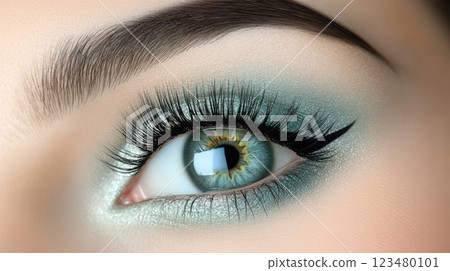 Close-up of a green eye with extended, voluminous black and blue lashes, showcasing crisp iris details, soft natural lighting, beauty and makeup focus, clean background. 123480101