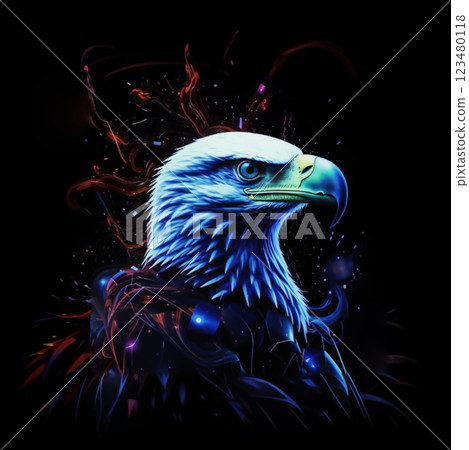 Profile portrait of an eagle. The combination of a powerful beak, a menacing look and beautiful plumage with a creative background around the eagle's head adds charm to the image. 123480118