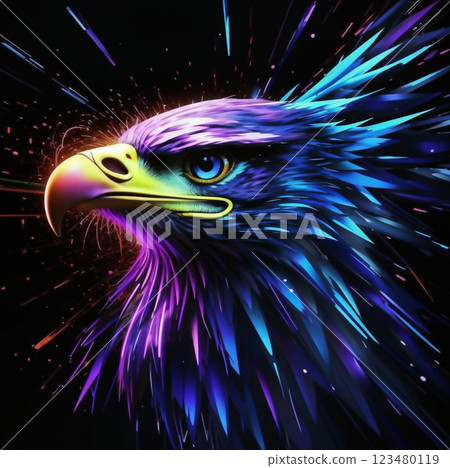 Profile portrait of an eagle. The combination of a powerful beak, a menacing look and beautiful plumage with a creative background around the eagle's head adds charm to the image. 123480119
