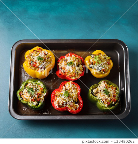 Vibrant Stuffed Bell Peppers on Tray 123480262