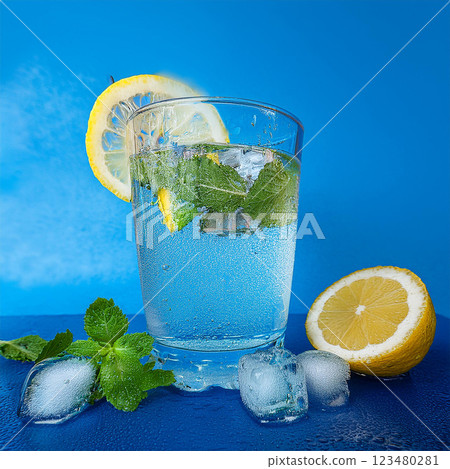 Refreshing Lemon Water with Mint Bubbles 123480281