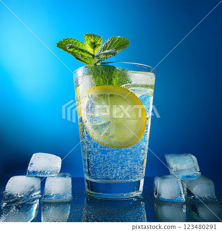 Refreshing Lemon Water with Mint Bubbles Refreshing Lemon Water with Mint Bubbles 123480291