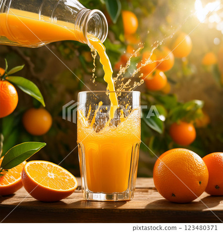 Pouring Fresh Orange Juice in Tumbler Pouring Fresh Orange Juice in Tumbler 123480371