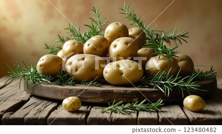Raw Potatoes with Fresh Rosemary 123480482