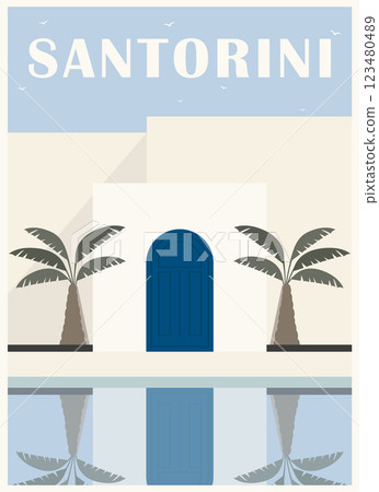 Greek town view flat color vector illustration. Summer holiday in Greece. Mediterranean European culture Greek town view flat color vector illustration. Summer holiday in Greece. Mediterranean European culture 123480489