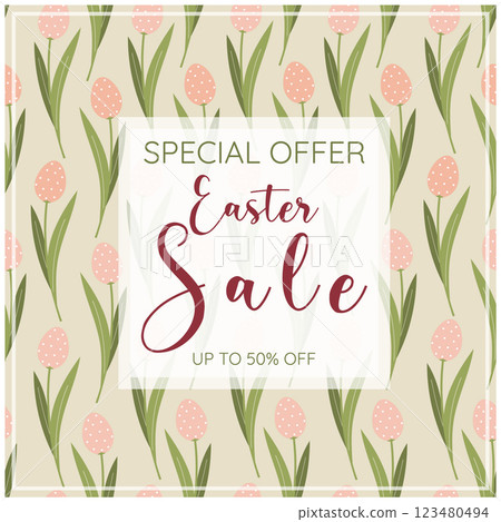 Social media template Easter sale. Hand drawn blossoming tulips, colored eggs. Springtime holidays Social media template Easter sale. Hand drawn blossoming tulips, colored eggs. Springtime holidays 123480494