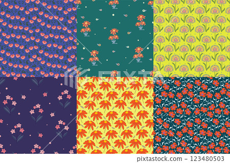 Seamless pattern set with colorful spring fields. Blooming flowers Easter seamless background Seamless pattern set with colorful spring fields. Blooming flowers Easter seamless background 123480503
