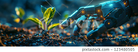 Robotic hand nurturing a young plant in a fresh soil environment during a serene twilight moment. 123480505