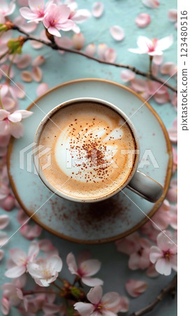 Enjoying a warm cup of coffee surrounded by cherry blossom petals on a tranquil morning. Enjoying a warm cup of coffee surrounded by cherry blossom petals on a tranquil morning. 123480516