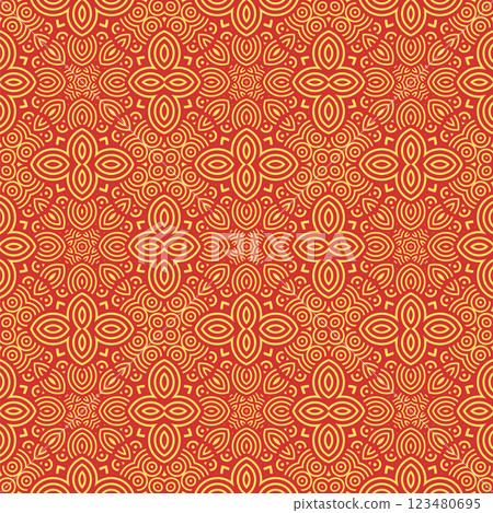 Vector Japanese seamless pattern in oriental geometric traditional style. Festive ornament for lunar chinese new year decoration. Red and golden asian creative motif. Abstract Waves and Circles 123480695