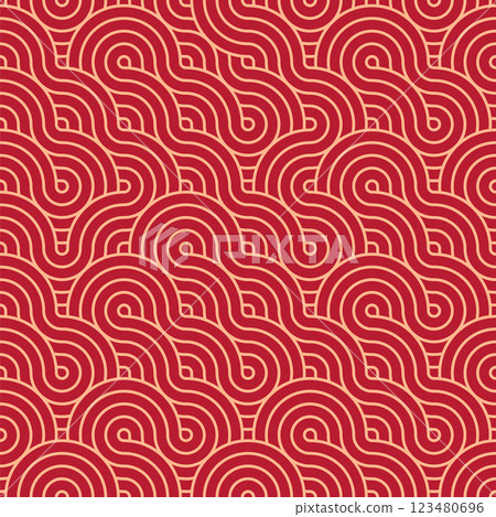 Vector Japanese seamless pattern in oriental geometric traditional style. Festive ornament for lunar chinese new year decoration. Red and golden asian creative motif. Abstract Waves and Circles 123480696
