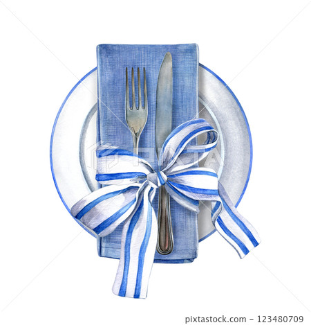 Table setting. Watercolor illustration of white plate, napkin, ribbon with strikes tied in a bow and cutlery. Good for postcards, recipes, menu, invitations, greeting cards. Table setting. Watercolor illustration of white plate, napkin, ribbon with strikes tied in a bow and cutlery. Good for postcards, recipes, menu, invitations, greeting cards. 123480709