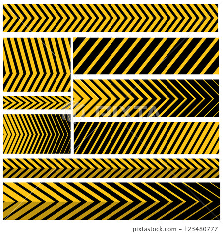 Vector Warning Tapes Set. Yellow and Black Danger Caution Sign. Striped Transition Abstract Strict Barrier. Diagonal Striped Lines. Danger in Construction or on the Road Vector Warning Tapes Set. Yellow and Black Danger Caution Sign. Striped Transition Abstract Strict Barrier. Diagonal Striped Lines. Danger in Construction or on the Road 123480777