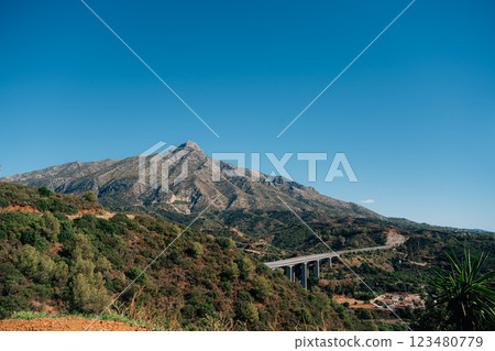 Scenic view of la concha mountain and verdant landscape under clear blue sky Scenic view of la concha mountain and verdant landscape under clear blue sky 123480779