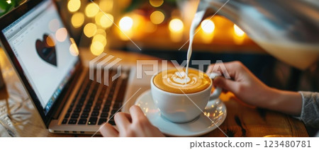 Latte Art Coffee Being Made Near Laptop with Cozy Lit Ambience Latte Art Coffee Being Made Near Laptop with Cozy Lit Ambience 123480781