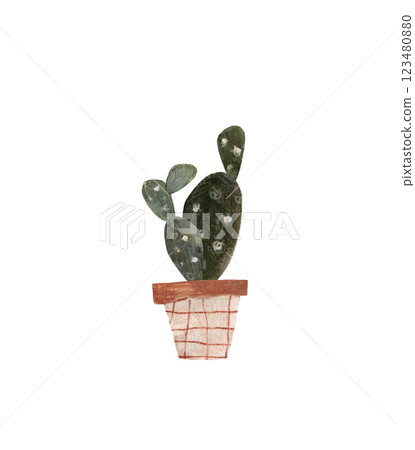 Cute cactus in a pot. Home plant hand drawn illustration watercolor pencil mixed media. Isolated on white background  123480880