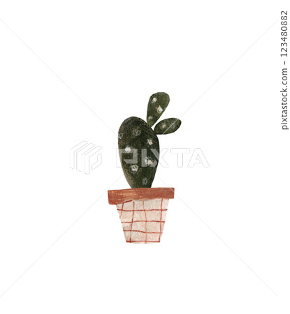 Cute cactus in a pot. Home plant hand drawn illustration watercolor pencil mixed media. Isolated on white background  123480882