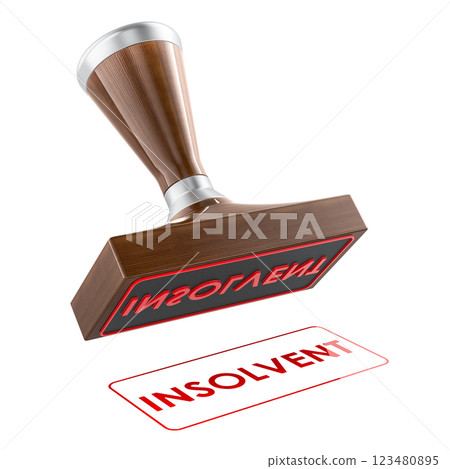 Insolvent stamp. Wooden stamper, seal with text insolvent, 3D rendering Insolvent stamp. Wooden stamper, seal with text insolvent, 3D rendering 123480895
