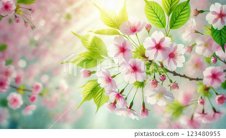 Spring splendor: Close-up of cherry blossoms and young leaves Spring splendor: Close-up of cherry blossoms and young leaves 123480955