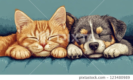 Close-up of a ginger kitten sleeping on the sofa and a black puppy with brown heels, friendship day card 123480989