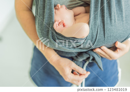 A loving mother breastfeeds her newborn baby while carrying them in a sling. A tender moment of nurturing, closeness, and maternal care, symbolizing the beauty of motherhood and the deep bond between 123481019