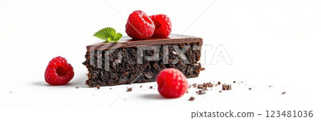 Delicious chocolate brownie topped with fresh raspberries and mint on white background 123481036