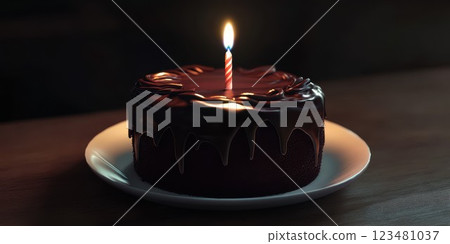 Chocolate cake with a single candle glowing in a dimly lit setting for a special celebration is ready to be enjoyed 123481037