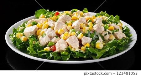 Fresh chicken salad with corn and greens served on a white plate 123481052