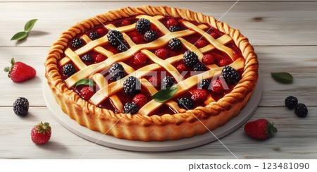 Delicious berry pie ready for serving at a rustic kitchen setting during a sunny afternoon 123481090