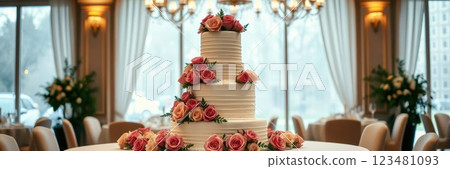 Elegant white wedding cake adorned with fresh roses in a luxurious venue 123481093