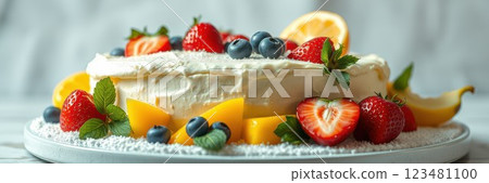Delicious pavlova dessert topped with fresh fruits and mint on a decorative plate 123481100
