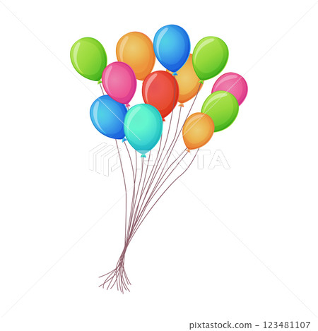 A medium-sized cluster of vibrant helium balloons, ideal for birthday invitations, festive graphics, and party themes. Isolated on a white background. A medium-sized cluster of vibrant helium balloons, ideal for birthday invitations, festive graphics, and party themes. Isolated on a white background. 123481107