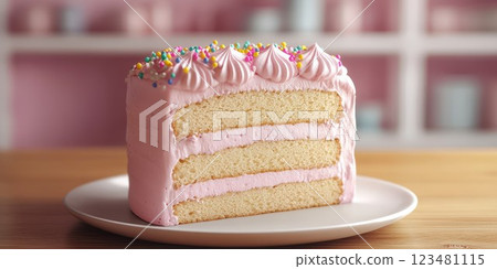 Delicious pink frosted cake with colorful sprinkles on display in a bright kitchen setting 123481115