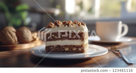 Delicious layered cake served on a plate beside a cup of coffee in a cozy kitchen setting 123481116