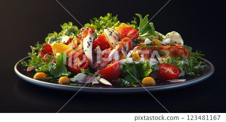 Colorful summer salad with fresh vegetables and herbs served on a black plate under soft lighting 123481167