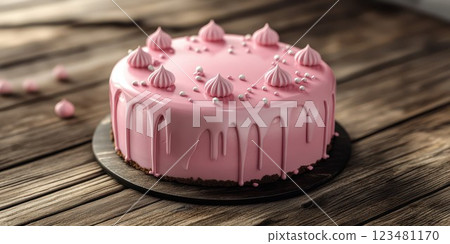 Delicious pink drip cake with decorative meringues and sprinkles on a rustic wooden table 123481170