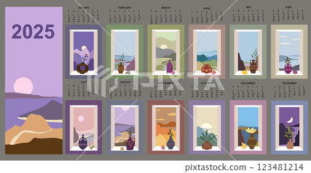 Monthly 2025 Calendar flat boho landscape still life natural backgrounds 123481214
