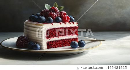 Delicious red velvet cake with fresh berries on a plate in a warm setting 123481215