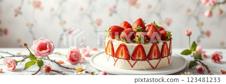 Delicious strawberry cheesecake adorned with fresh strawberries and floral decorations on a charming table 123481233
