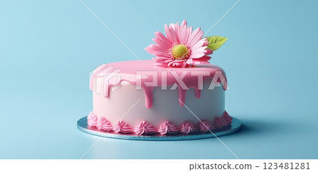 Celebration cake with pink frosting and flower decoration on a blue background 123481281