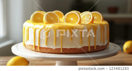 Decadent lemon cream cake with citrus toppings on a serving platter in a cozy kitchen setting 123481283