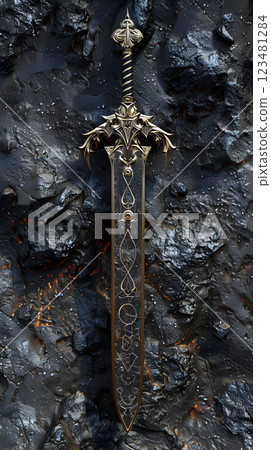 A highly detailed fantasy sword with engravings on a stone wall, perfect for medieval and fantasy settings. Keywords battle, blade, decorative, knight, mythical, weaponry 123481284