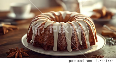 Delicious bundt cake with creamy icing on a rustic wooden table in a cozy kitchen setting 123481338