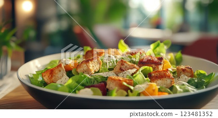 Fresh salad with grilled chicken, colorful vegetables, and creamy dressing served in a modern dining setting Fresh salad with grilled chicken, colorful vegetables, and creamy dressing served in a modern dining setting 123481352