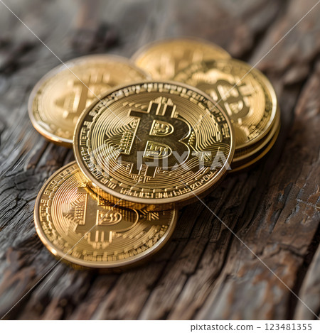 Highres image of golden Bitcoin coins on wooden background symbolizes finance, investment, cryptocurrency themes, reflecting wealth, technology, decentralized economy concepts Highres image of golden Bitcoin coins on wooden background symbolizes finance, investment, cryptocurrency themes, reflecting wealth, technology, decentralized economy concepts 123481355