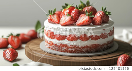 Delicious strawberry shortcake adorned with fresh strawberries on a wooden serving platter 123481356