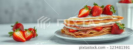 Delicious layered crepes with fresh strawberries served on a white plate in a cozy setting 123481391