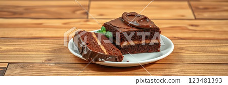 Delicious chocolate cake served on a plate with fresh mint on a rustic wooden table 123481393