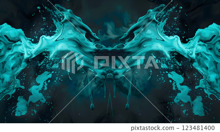 The vibrant blue ink creates a captivating symmetrical splash pattern in water on a dark backdrop, ideal for abstract and artistic projects that require a modern and dynamic design The vibrant blue ink creates a captivating symmetrical splash pattern in water on a dark backdrop, ideal for abstract and artistic projects that require a modern and dynamic design 123481400