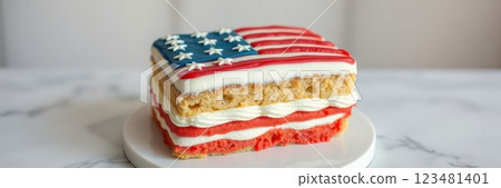 Delicious flag-themed cake perfect for summer celebrations and patriotic events in a festive kitchen setting Delicious flag-themed cake perfect for summer celebrations and patriotic events in a festive kitchen setting 123481401